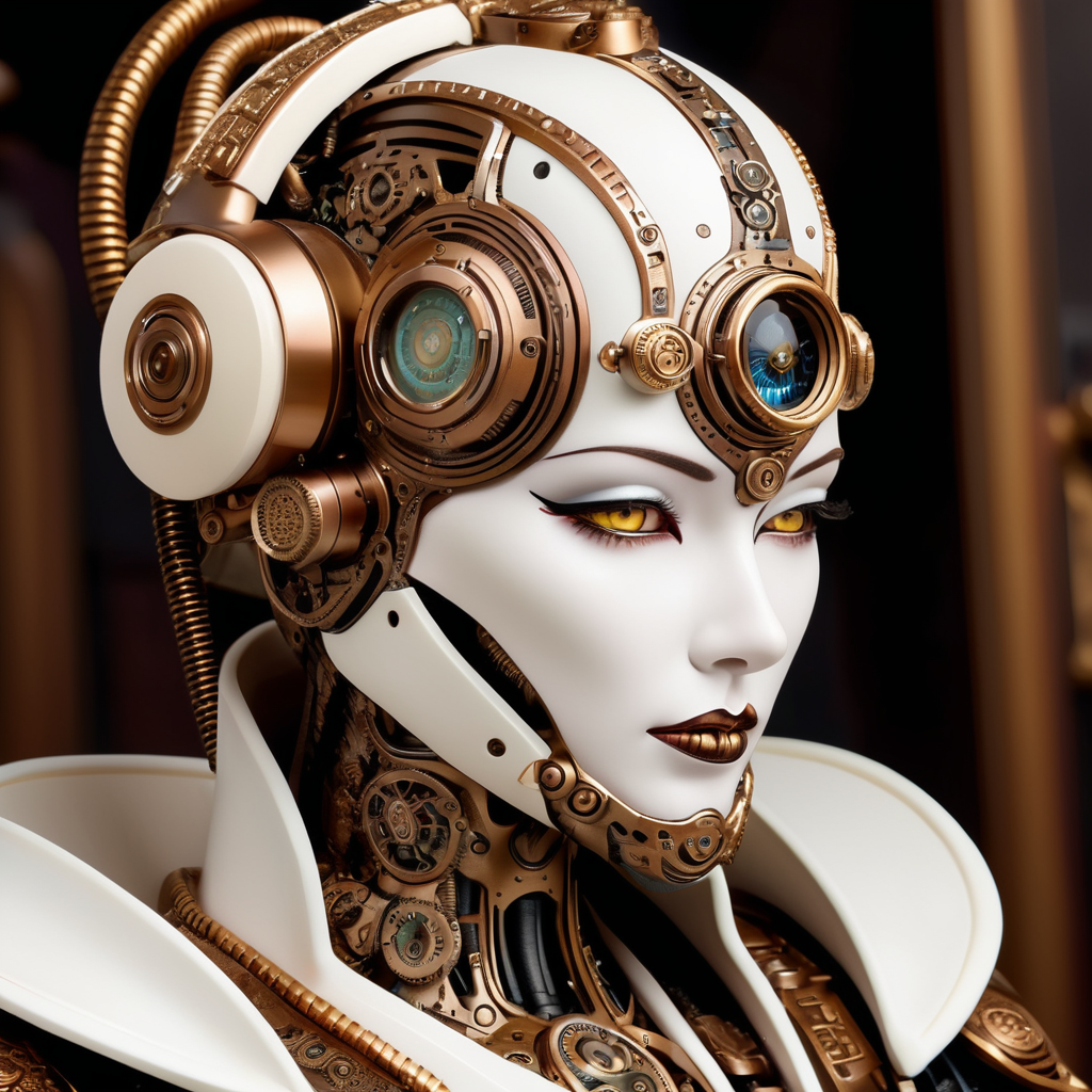 steampunk android, detailed face, highly detailed and intricate, ivory color, hyper-maximalism, bronze ornate, luxury