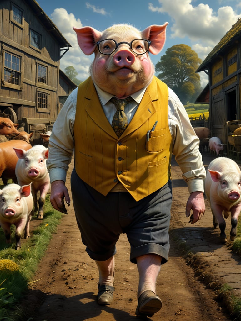 A very old but learned pig, wearing round glasses, walking through a farmyard wearing a mustard yellow waistcoat.
