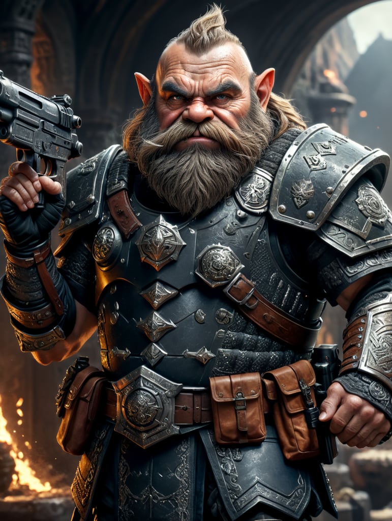 grumpy dwarf in a swat dress, pointing with a gun