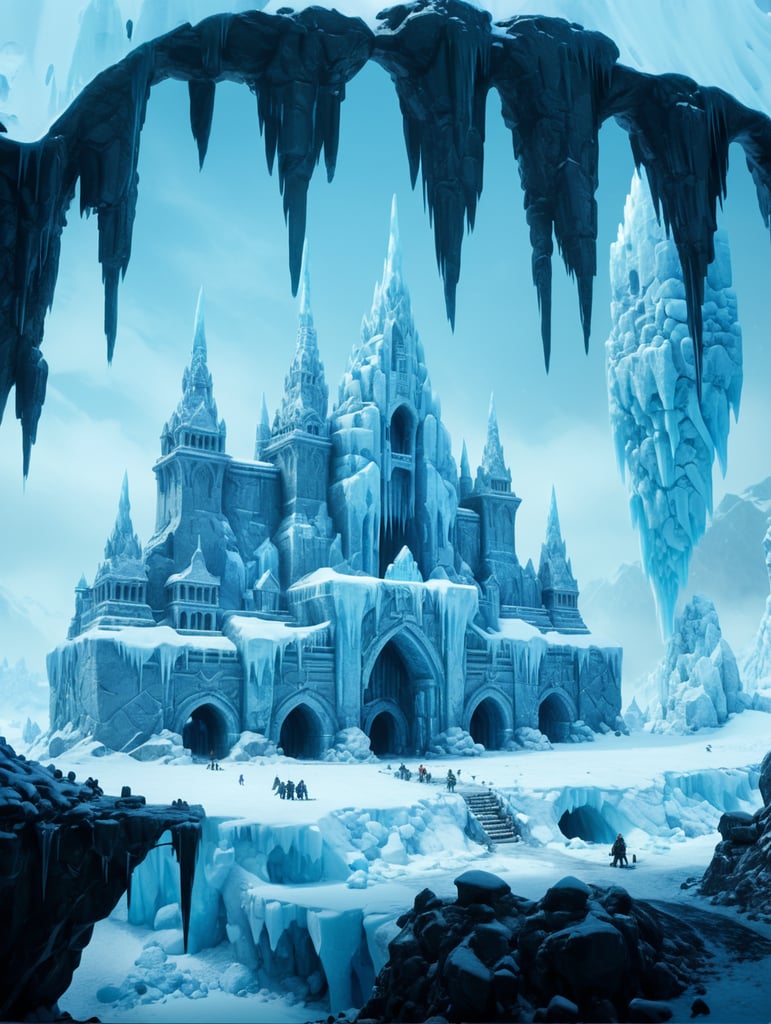 simple ice village with big ice pillars, surrounded by ice walls, with a great ice entrance