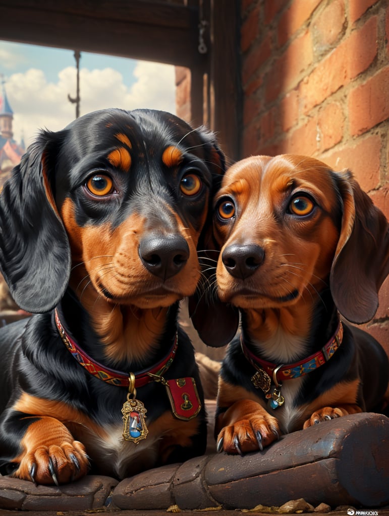 Harlekin daschund on a disney pixar movie style poster with the title Lajos