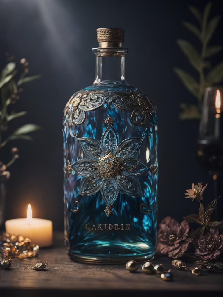 Magic elixir bottle from, carved glass, decorated with flowers and gems, fairy atmosphere, illumination, dark blue color, smoke