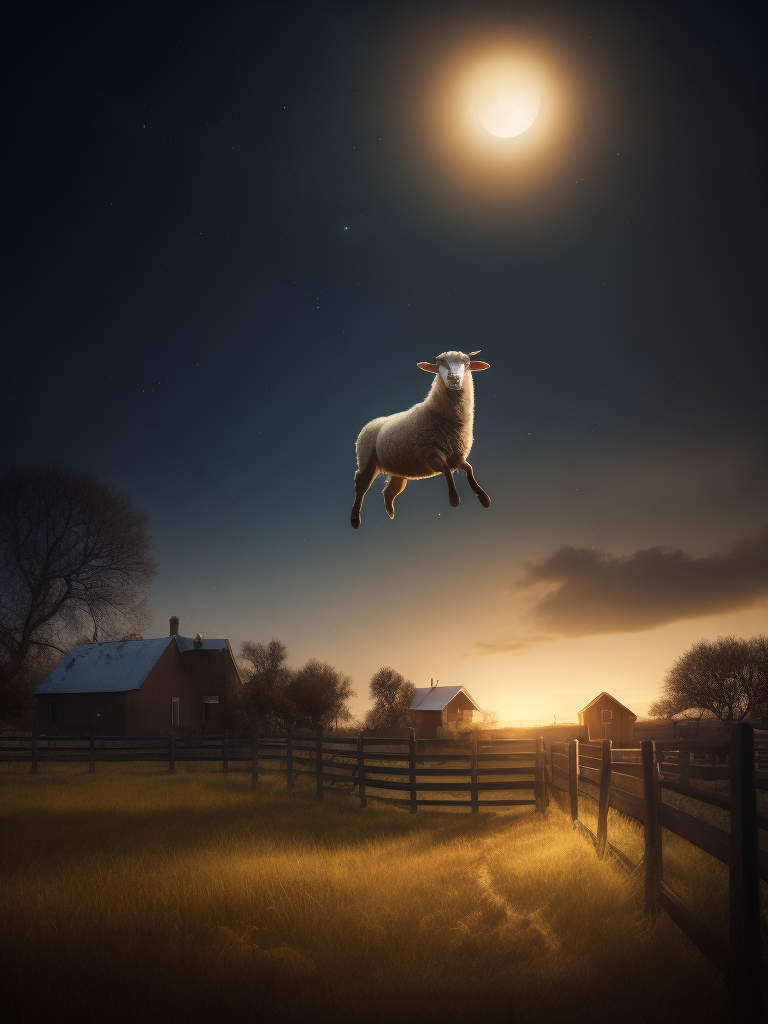 Photo realistic young sheep jumping over a fence in a field behind a house at night with a bright moon