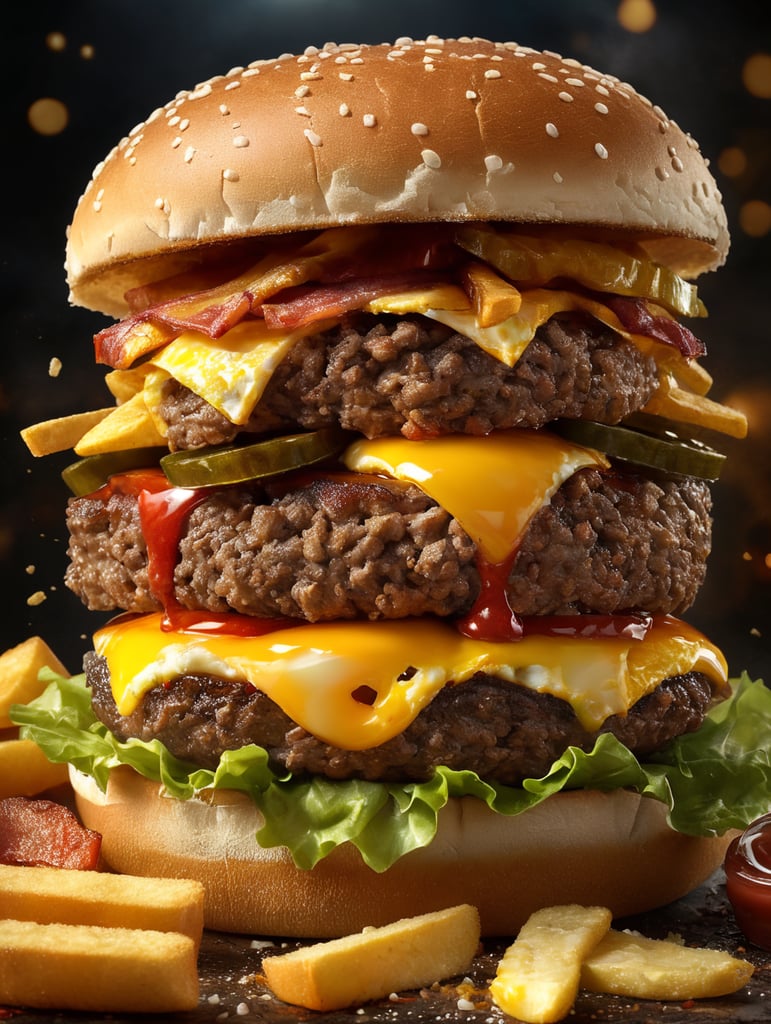 high quality cinematic food explosion hamburger with egg bacon cheese pickles ketchup fries