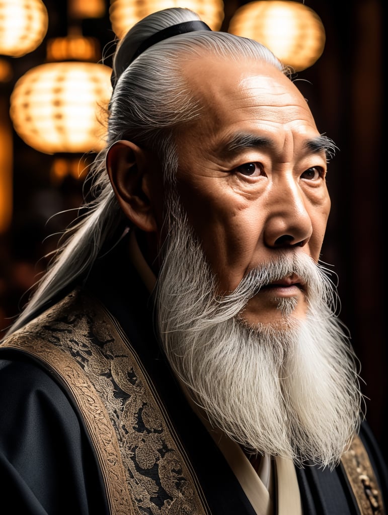 Wise old japanese man from tokyo with a long white beard, intricate, sharp focus, fantasy, cinematic lighting, other worldy, surreal 8k photo, dark moody aesthetic