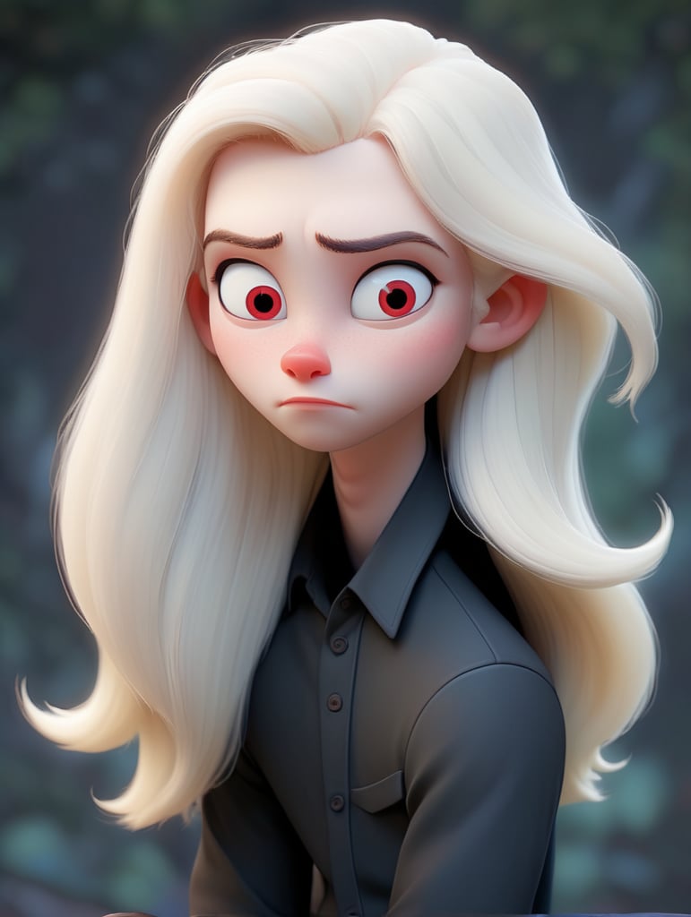 Young pale man, albino, very long blonde straight hair, red eye