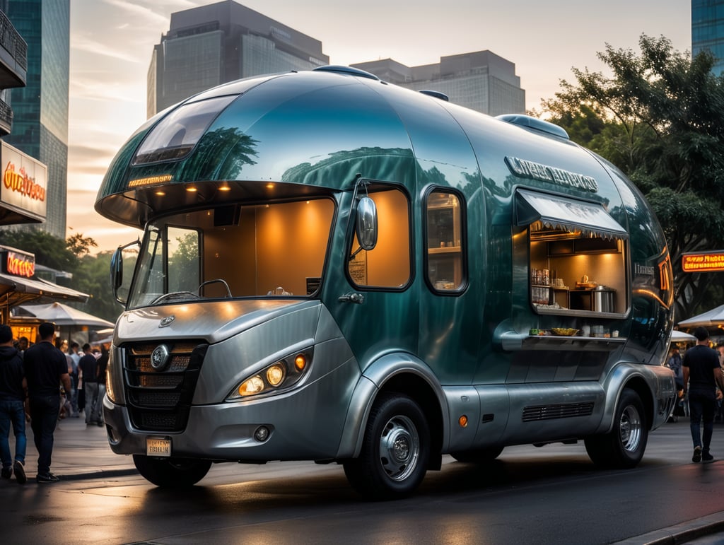 A fantastic, futuristic, cybernetic food truck that looks like a large oblong blob of mercury, with a glass cab and a large hinged side that reveals the contents, a showcase of fast food of various kinds:: A scene in the middle of a future metropolis.