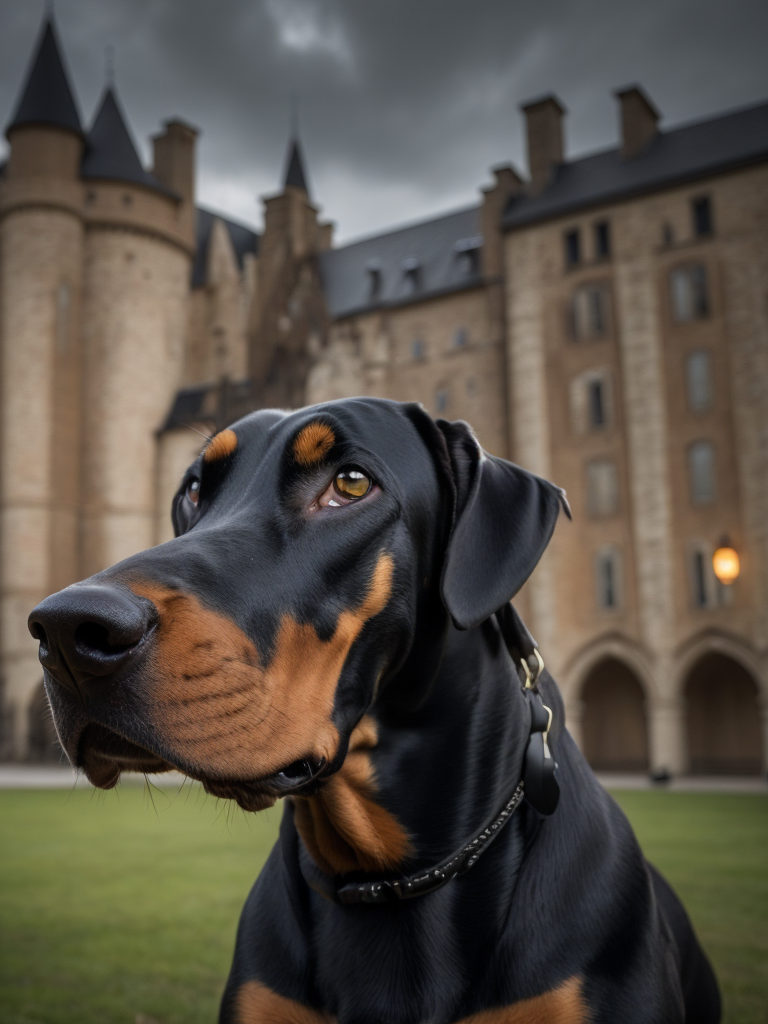 Doberman dog, golden chain, aggresive look, in front of a castle, dramatic Lighting, Depth of field, Incredibly high detailed, deep colors