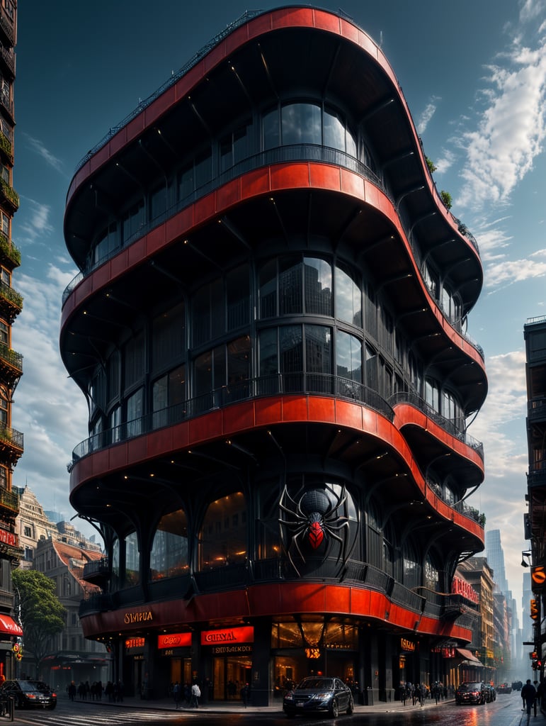 dream prompt: the craziest, bentwood, far view lens architectural modern style hyper realistic hyper detailed neocosmic exterior architecture design of a spider Fluid complex facade, geometric shapes spectrum, black::1 red:3, Antoine Blanchard architecture art style, in new york city, dramatic ambient, natural lighting, camera sony, 8k, --s1000 --style raw, you can imagine