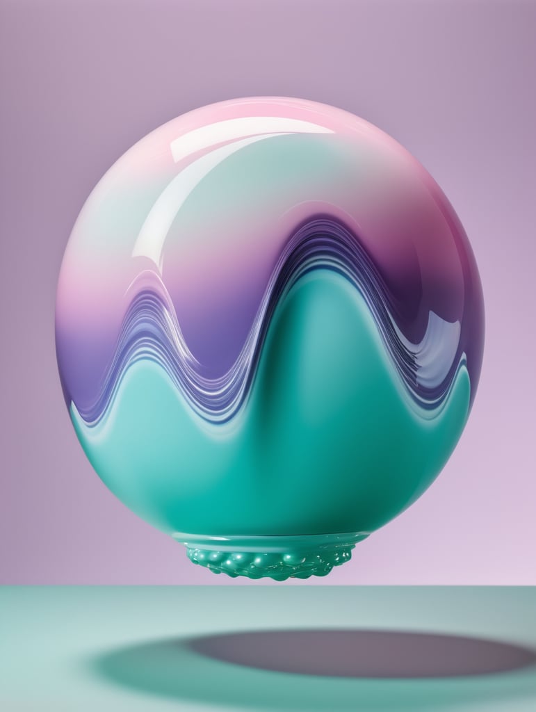 a singular object, floating in mid air, trippy, looks like a ball of liquid porcelain, gloss, shine, otherworldly, nature, photorealism, y2k, rave, plain light blue colour background, light green, pinks, purple, yellow