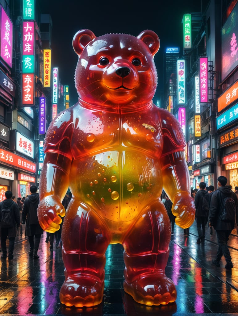 A giant Japanese gummy bear, translucent, 4 stories tall, walking through Tokyo at night, neon rainy city, cyberpunk, techno city