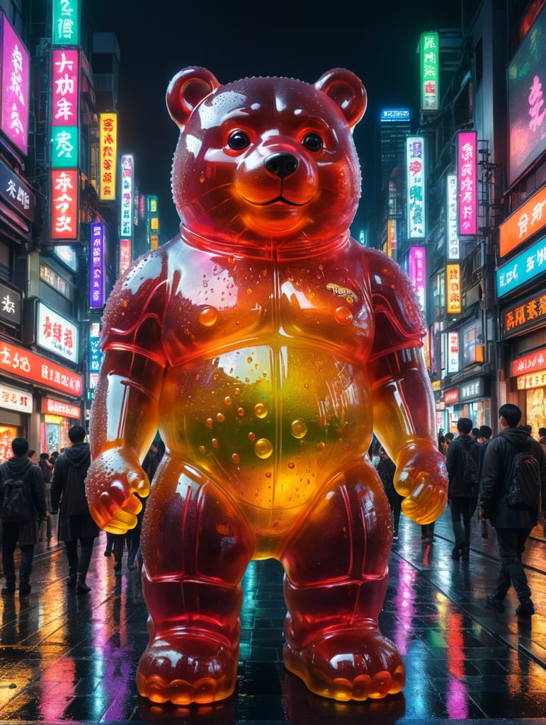 A giant Japanese gummy bear, translucent, 4 stories tall, walking through Tokyo at night, neon rainy city, cyberpunk, techno city