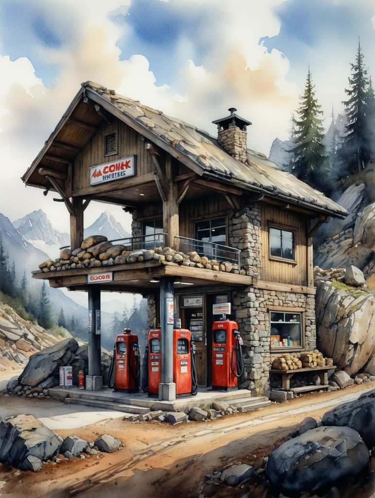 Watercolour sketch of a small mountain log gas station, rock, Stone modern, muted colours, by Jean-baptiste Monge