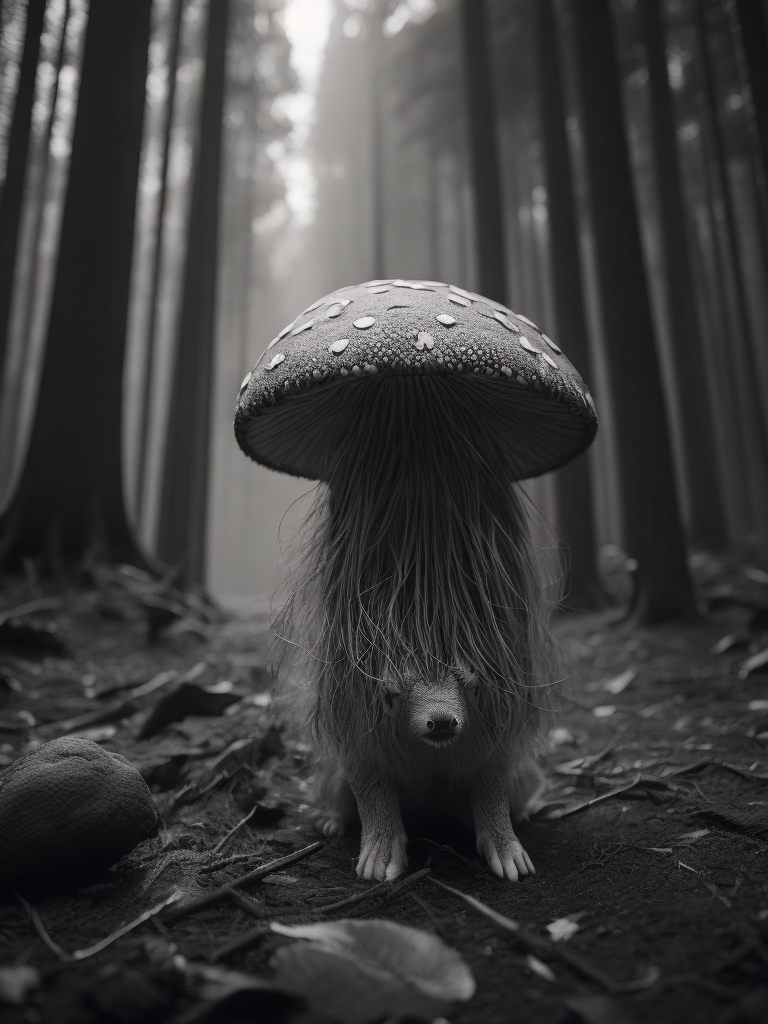 mushroom monster, black and white illustration, horror style, forest on the background, no blur, sharp focus, cinematic lighting, epic scene