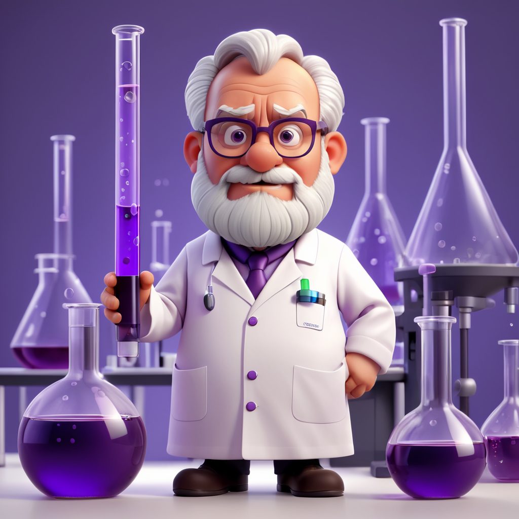 A 3D illustration of a scientist in a laboratory. The scientist is an older man with a white beard and glasses. He is wearing a white lab coat and a purple shirt. He is holding a test tube in his hand and is looking at it with a surprised expression. The background is a laboratory with various scientific equipment such as beakers, flasks, and test tubes. There is a purple liquid spilling out of one of the beakers and floating in the air.