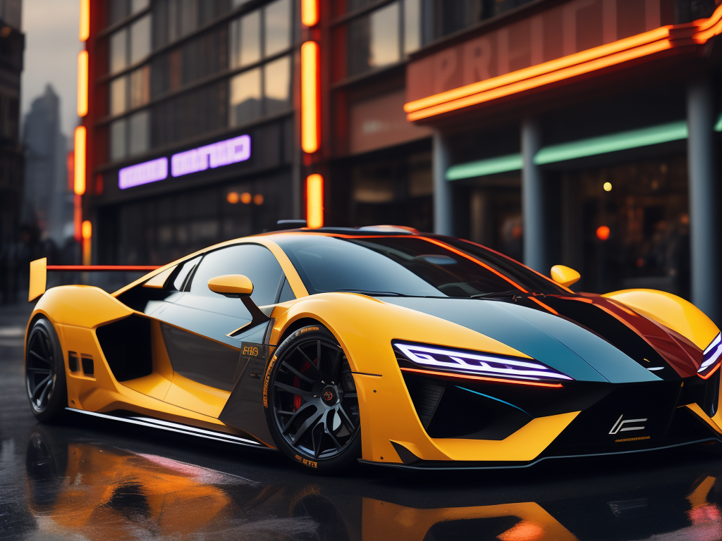 3d illustration futuristic racing car, reflections, neon signs, saturated colors, high detail city night streets background, automotive art, aesthetic auto design, saturated colors, vibrant colors, incredibly high detail, dramatic lighting, 3d render