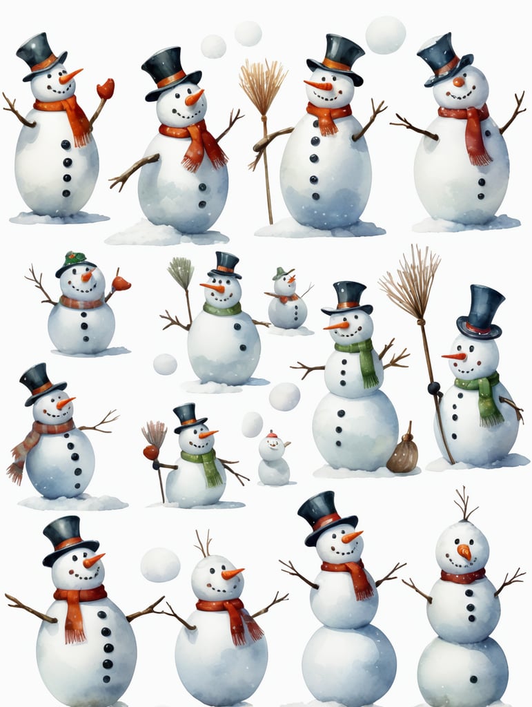 Snowman, different angles and expressions, full body only character sheets, multiple poses, white background, whimsical watercolor