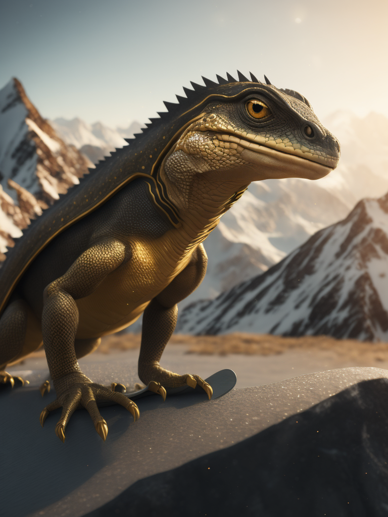 Dramatic Golden lizard snowboarding on top of a mountain. Black snowboard, blizzard in background