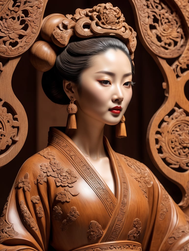 a graceful woman, Chinese Wood carving, retro, textured, prominent details, minimalist, modeling, high-definition, fine, light and shadow, single object, shoot by a sony camera, 35mm, intricate designs, delicate details, and high level of craftsmanship, aesthetic beauty, cultural significance, and historical importance