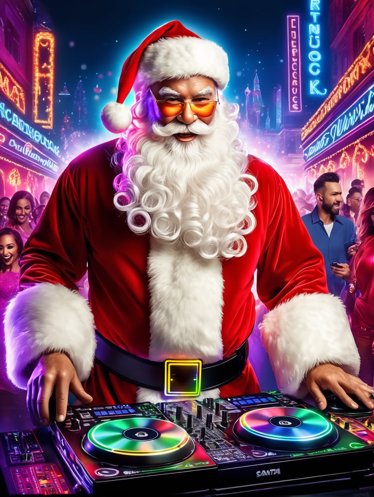 Santa Claus at a nightclub, party with Santa, Dj Santa, neon lightings,