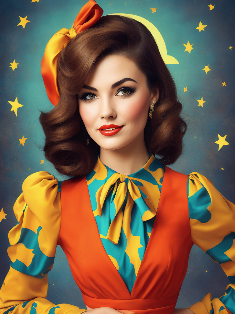 Portrait of a girl dressed in a bright dress, Bright colors, pin up style, 70s
