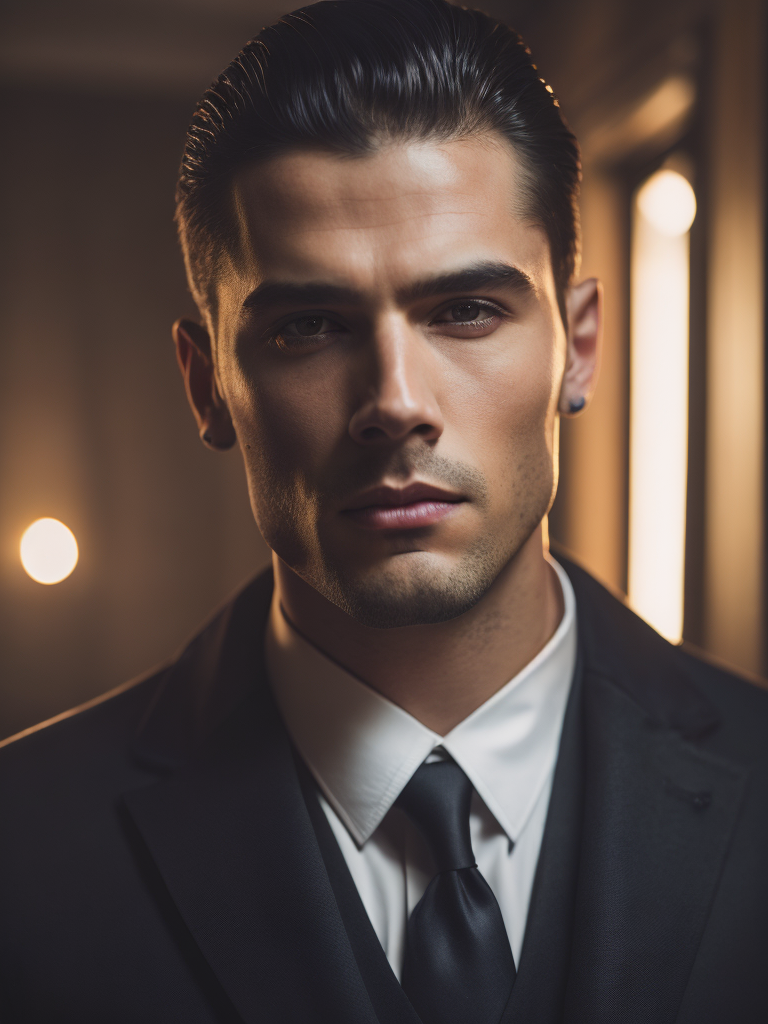 Portrait of a mafia boss in formal suit, Thick build, Hair slicked back, Aggressive look, Against a vintage interior, Subdued tones, Deep colors, contrasting light,