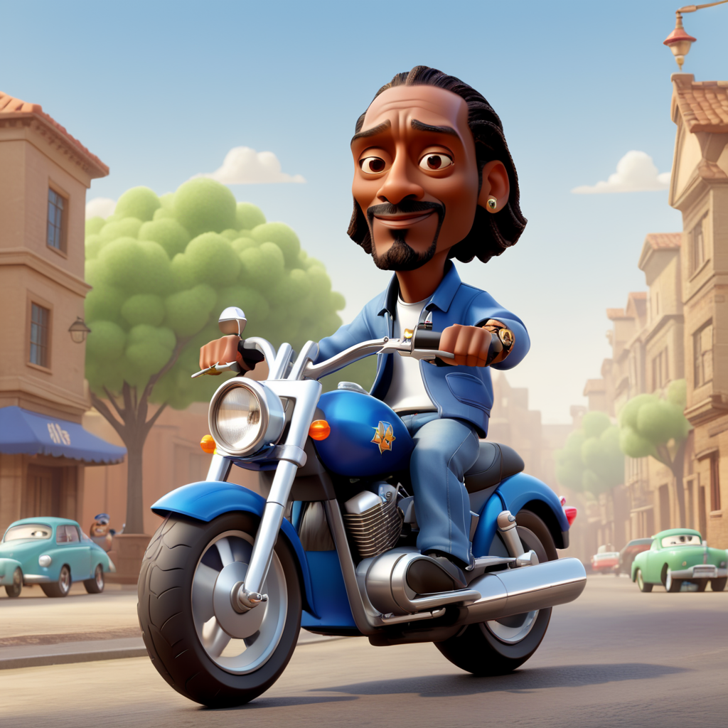 snoop dogg pixar style riding motorbike