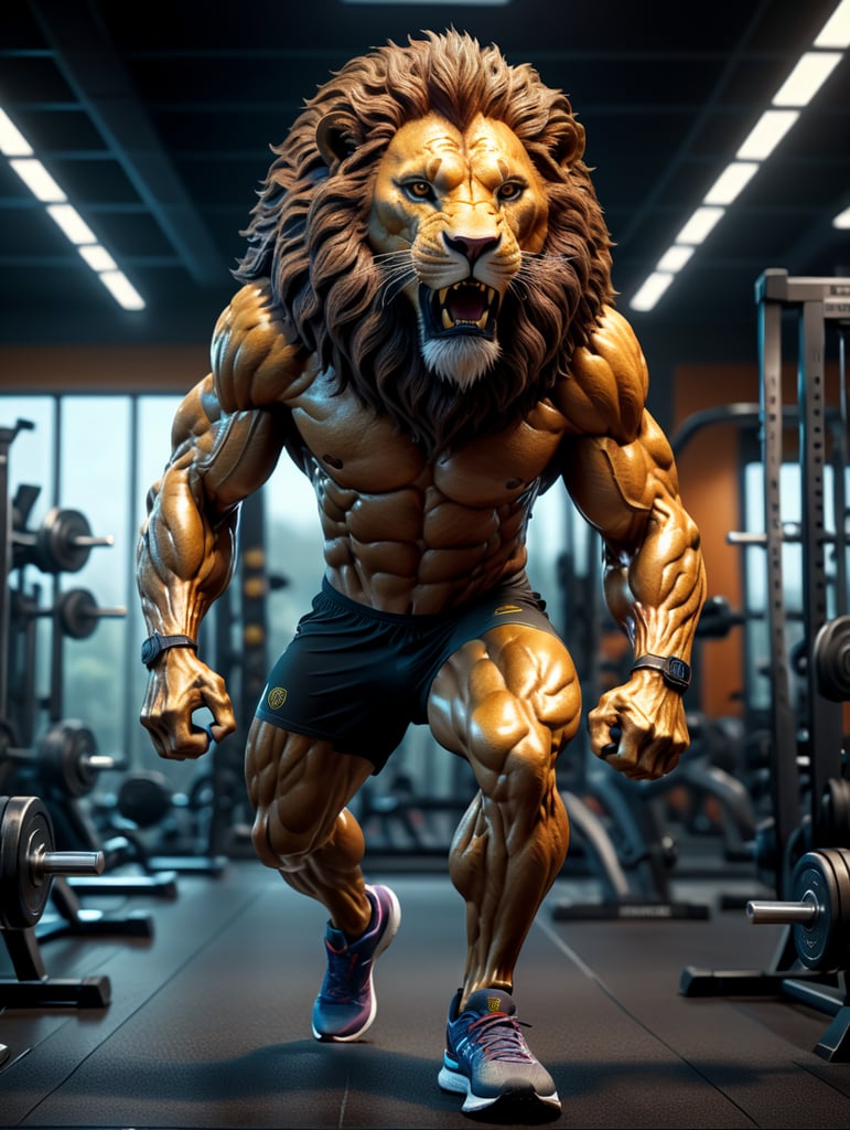 realistic lion man,8k, unreal engine render, full body wearing running shoes work out at gym