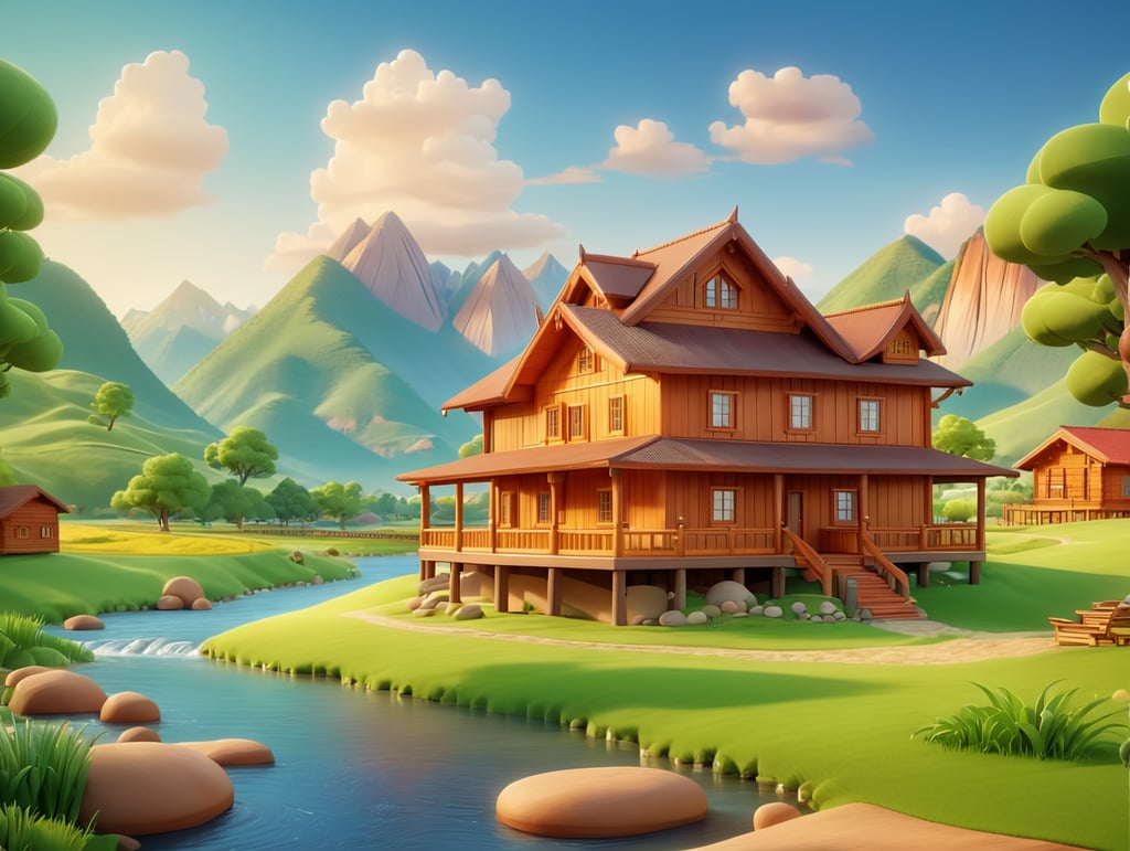 Beautiful peaceful wooden house on landscape with small mountains and river in background , gradient 3d render
