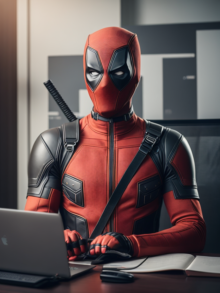 Photo deadpool as a call-center operator, office open space --q 2