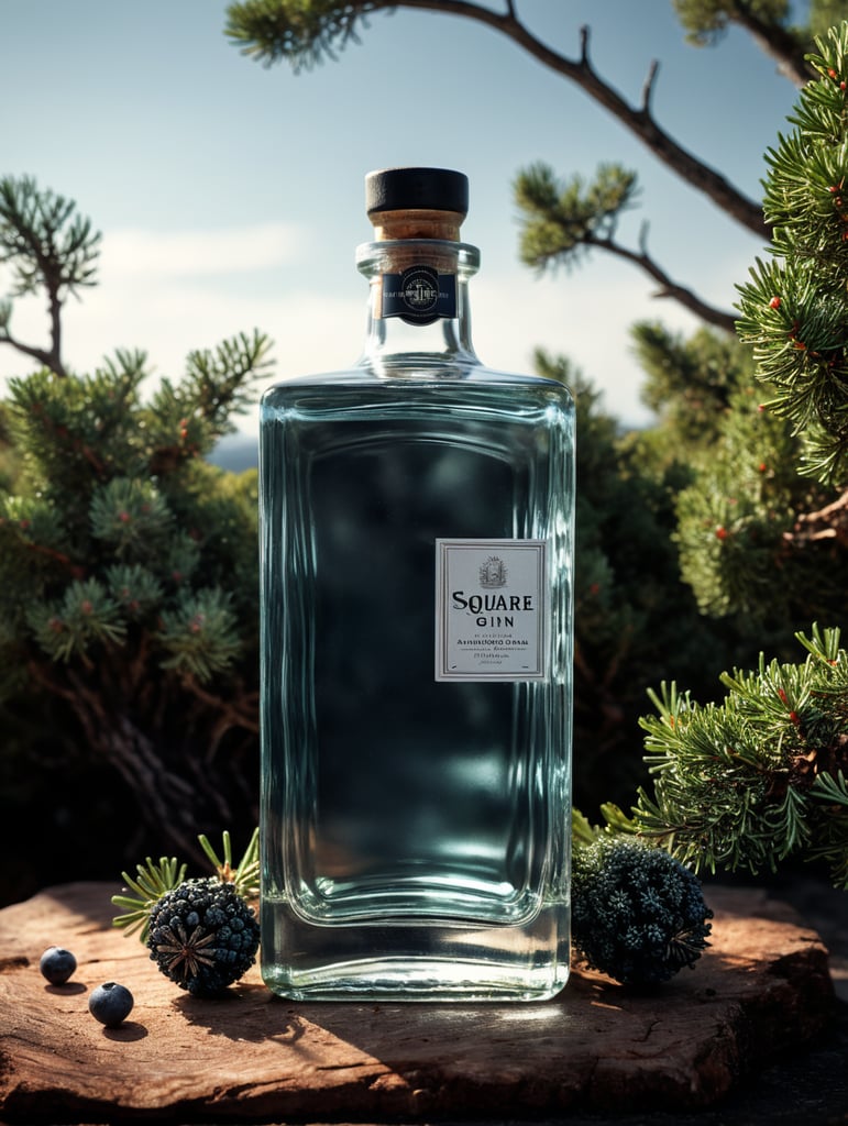 professional photography of a square gin bottle, square bottle, surrounding a juniper and juniper berries, one shot of gin in a front, no label, clear, mockup