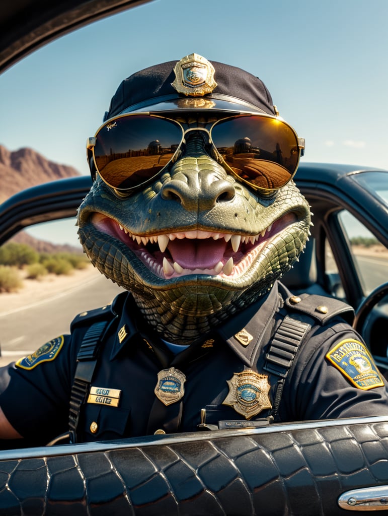 Alligator police officer, sitting behind the wheel of a police car, close-up shot, sunglasses, clipart, stock photo