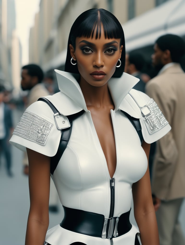 Donyale luna, model, 8k resolution, hyper realistic, day, 35mm film, editorial, high fashion, 2023, off white by virgil abloh