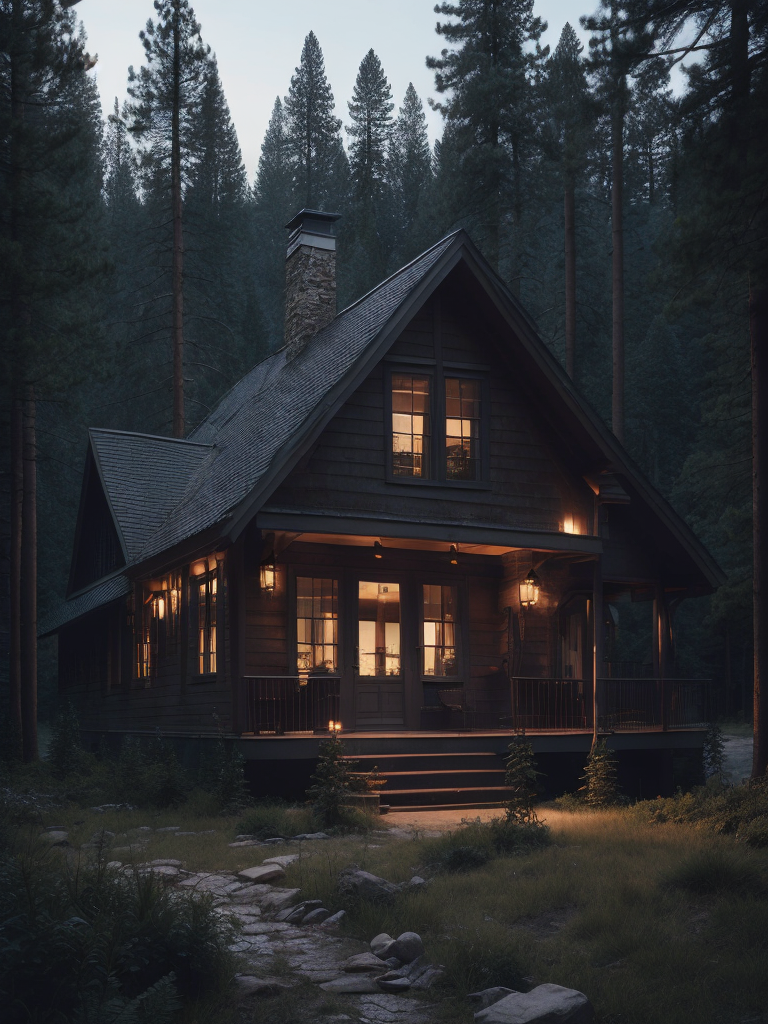 Illustrate a cozy cabin in the woods surrounded by tall pine trees and a crackling fireplace