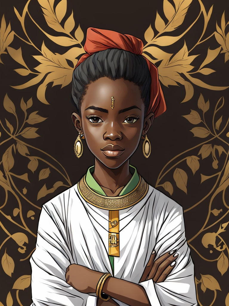 Create a manga drawing of a young African character wearing modernized traditional clothing, standing confidently with arms crossed.