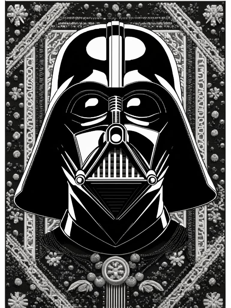 cross stitch pattern with Darth vader in the style of fujifilm natura 1600, white and black, expressive comic panels, made of beads and yarn, craftcore, skillful, free brushwork
