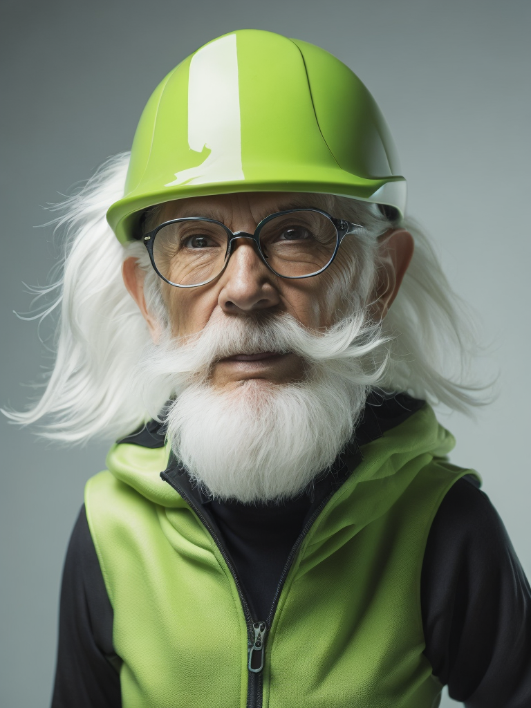 a gnome from fairytale 76 years old wearing a neon green helmet dressed in athletic clothing and glasses, in the style of futuristic glam, retro futurism, neon green clothing, glasses without color, clear glass, long white hair, teal background, mike campau, anton fadeev, high gloss, mono-ha