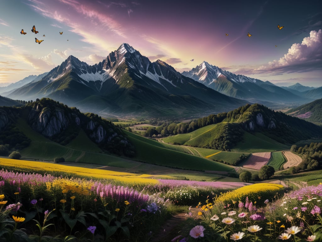 Draw a field with mountains in the background, a yellowish purple sky, a flowery field with different flowers, and butterflies, with some butterflies closer to the viewer's view. The style has to be like a realistic photo