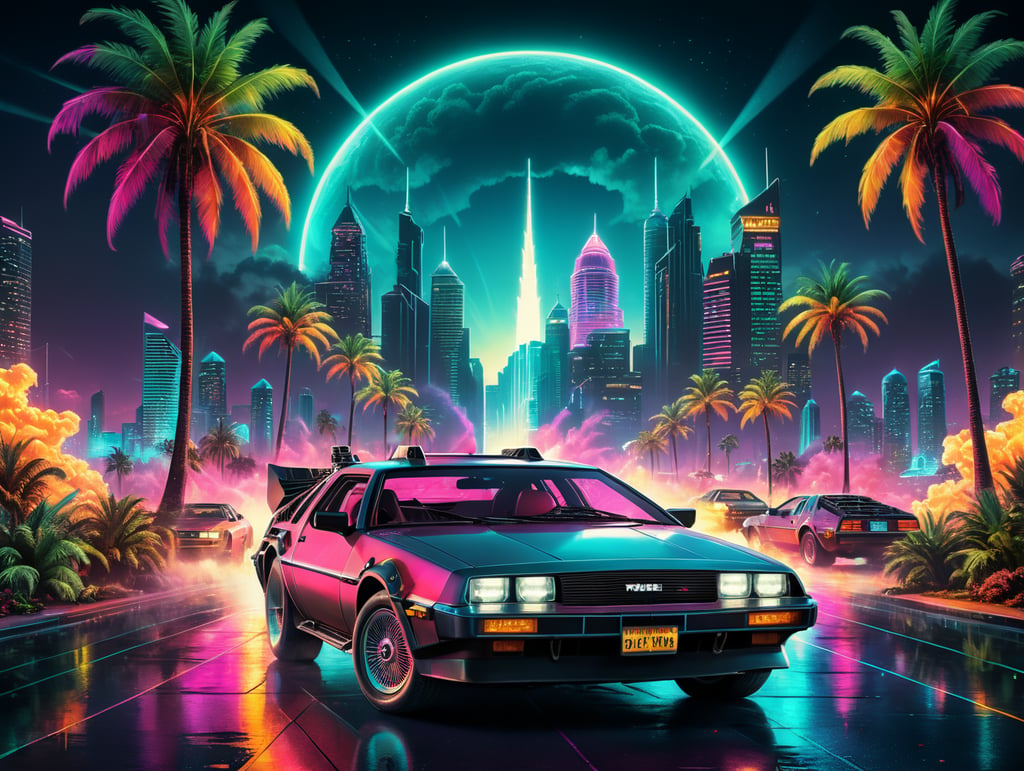 80's Back To The Future style retro party poster background with palm trees, trans am, city skyscapers, neon vibrant colours, synthwave, disco vibes,