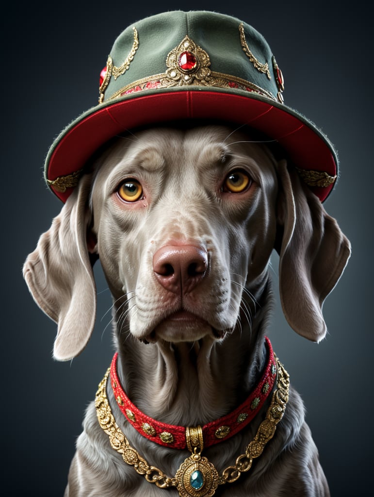 Weimaraner dog wearing hat