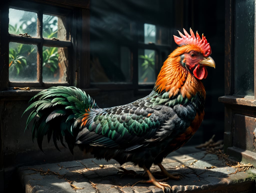 Use the reference image and place a rooster with black and green mottled feathers and an orange neck at front of the window