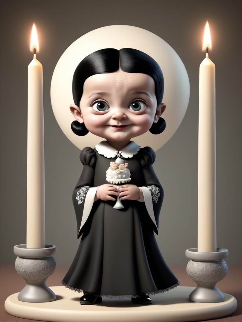 generate a cartoon style 3D image of baby Merlina Addams. She is on her birthday.