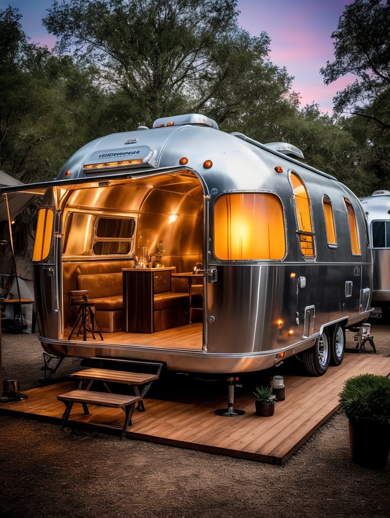 Futuristic alien Airstream camping trailers, steampunk and neon, cyber technology