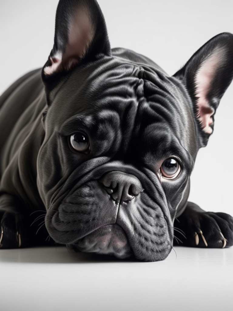 French Bulldog dog lying on back smiling on whithe background (limbo white) (((white background)))
