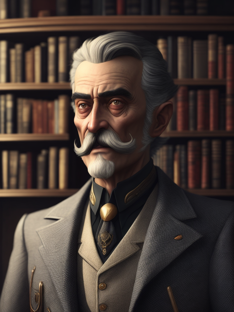 Lovecraftian portrait of a 1920s police detective, gray haired english moustache, bookshelves wide shot, artstation, concept art, illustration, ilya kuvshinov, vintage