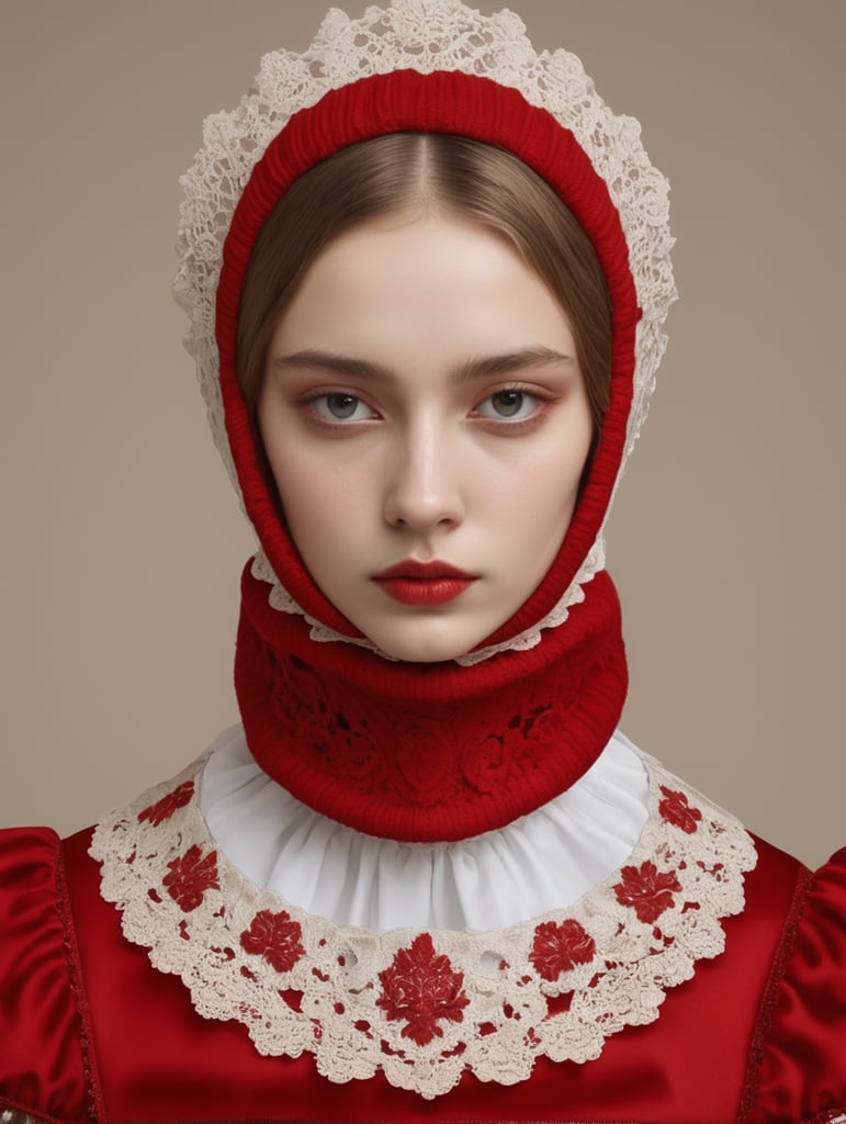 The girl is dressed in a red balaclava and a baroque collar, Romina Ressia style