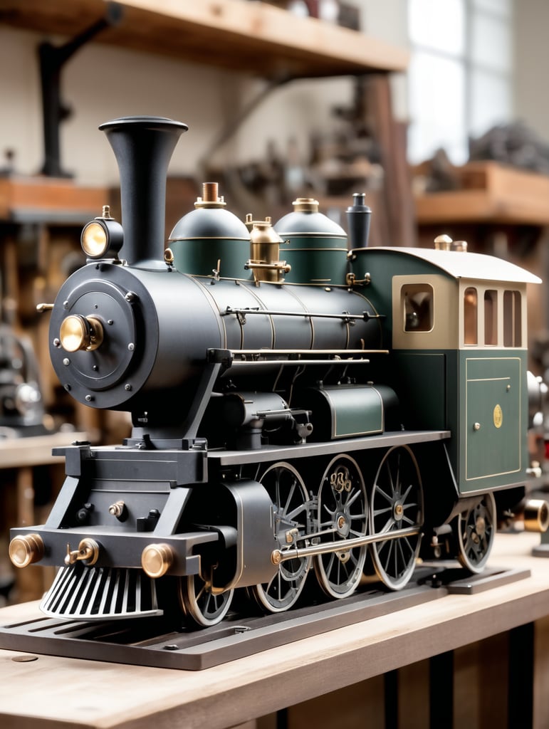 A model, scratch built, steam engine standing on a workbench