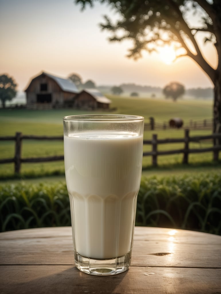 A mockup of a glass of milk, early morning, farm blurred background