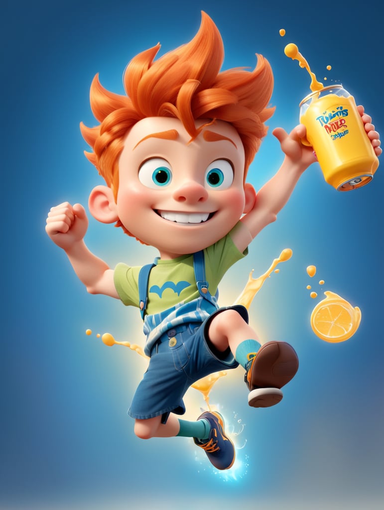 Ginger Disney Pixar-style teen boy with braces drinking an energy drink. Full-body. Action pose jumping in the air.