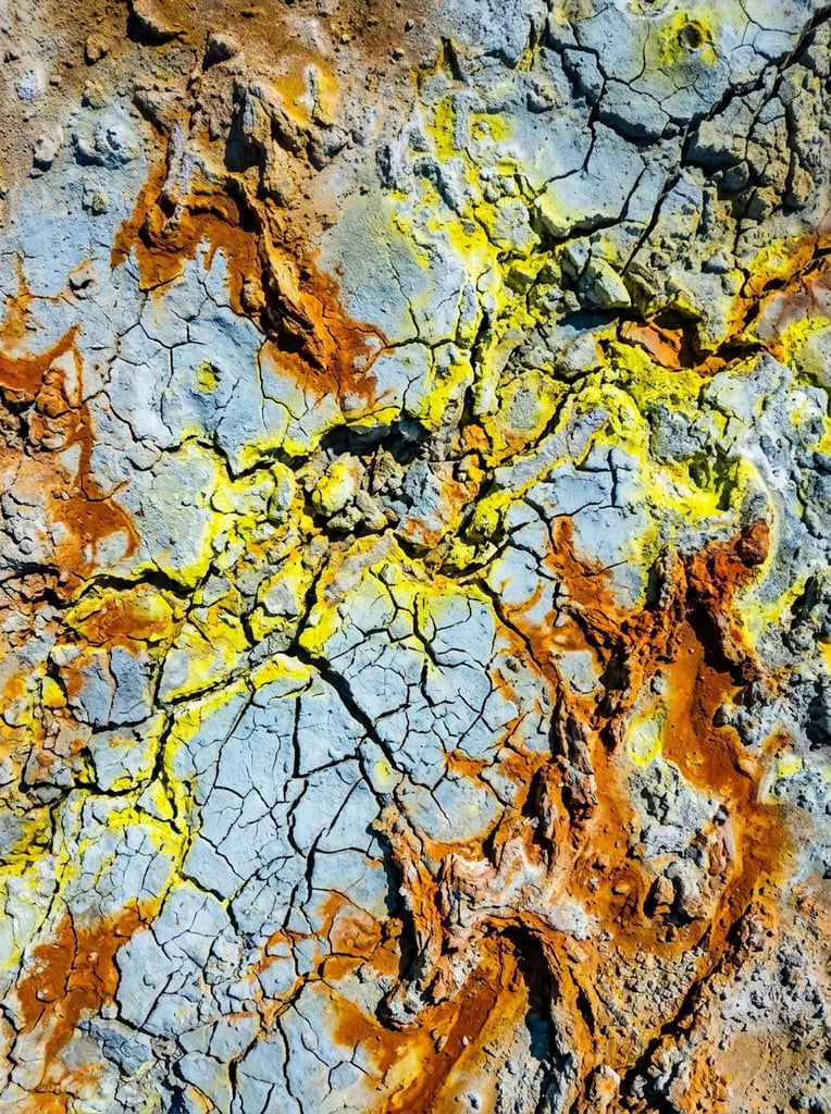 cracked pale blue crust, vivid sulfur yellow and rust orange mineral deposits, rugged porous textures, natural abstract aerial topography, sharp high-contrast photography